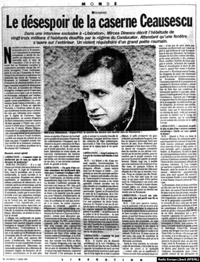 Interviul acordat ziarului „Libération” de Mircea Dinescu la începutul lui 1989