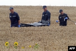 Rescue workers carry the body of a victim on a stretcher through a wheat field at the site of the crash on July 19, 2014.