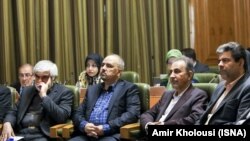 Tehran's mayor Mohammadali Najafi (2R) at a session of Tehran's city council discussing his resignation, on Sunday April 8, 2018.