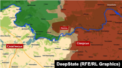 Слов'янськ та Сіверськ на мапі DeepState станом 27 січня 2026 року. Синім кольором позначений Сіверський Донець