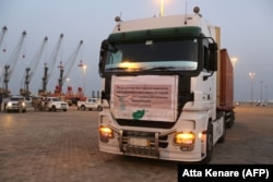 A truck transporting cargo from Afghanistan to be exported to India at Shahid Beheshti Port in the Iranian coastal city of Chabahar in 2019.