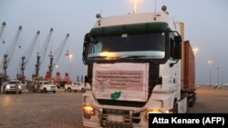 A truck transporting cargo from Afghanistan to be exported to India is seen in the port city of Chabahar, on the Gulf of Oman, February 25, 2019