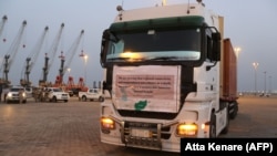 A truck transporting cargo from Afghanistan to be exported to India is seen at Shahid Beheshti Port in the southeastern Iranian coastal city of Chabahar, on the Gulf of Oman, February 25, 2019