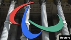 The Paralympic Games logo hangs outside the National Gallery in London last week.