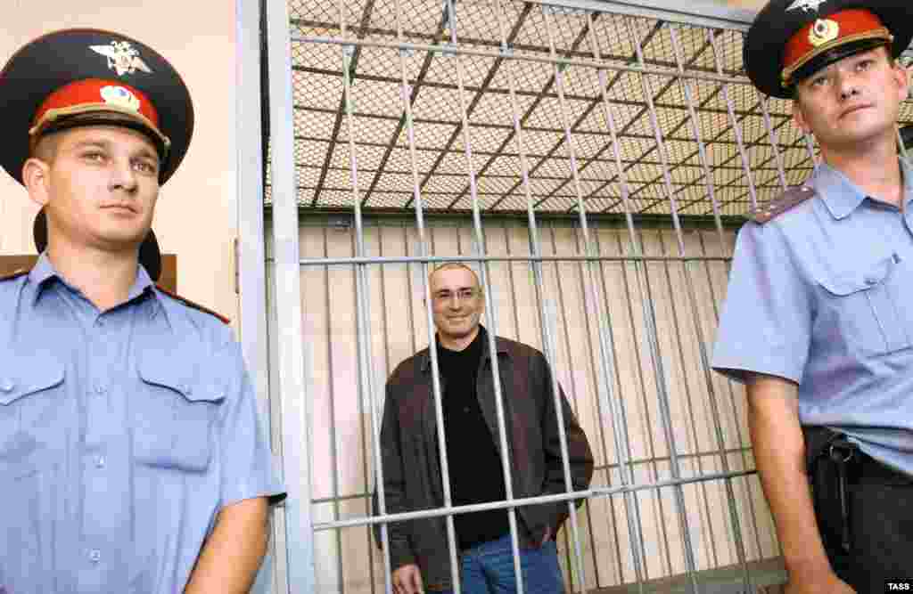 Khodorkovsky at a hearing at the Chita Regional Court in October 2008. During his imprisonment, Yukos was broken up and sold off, mostly into state hands.