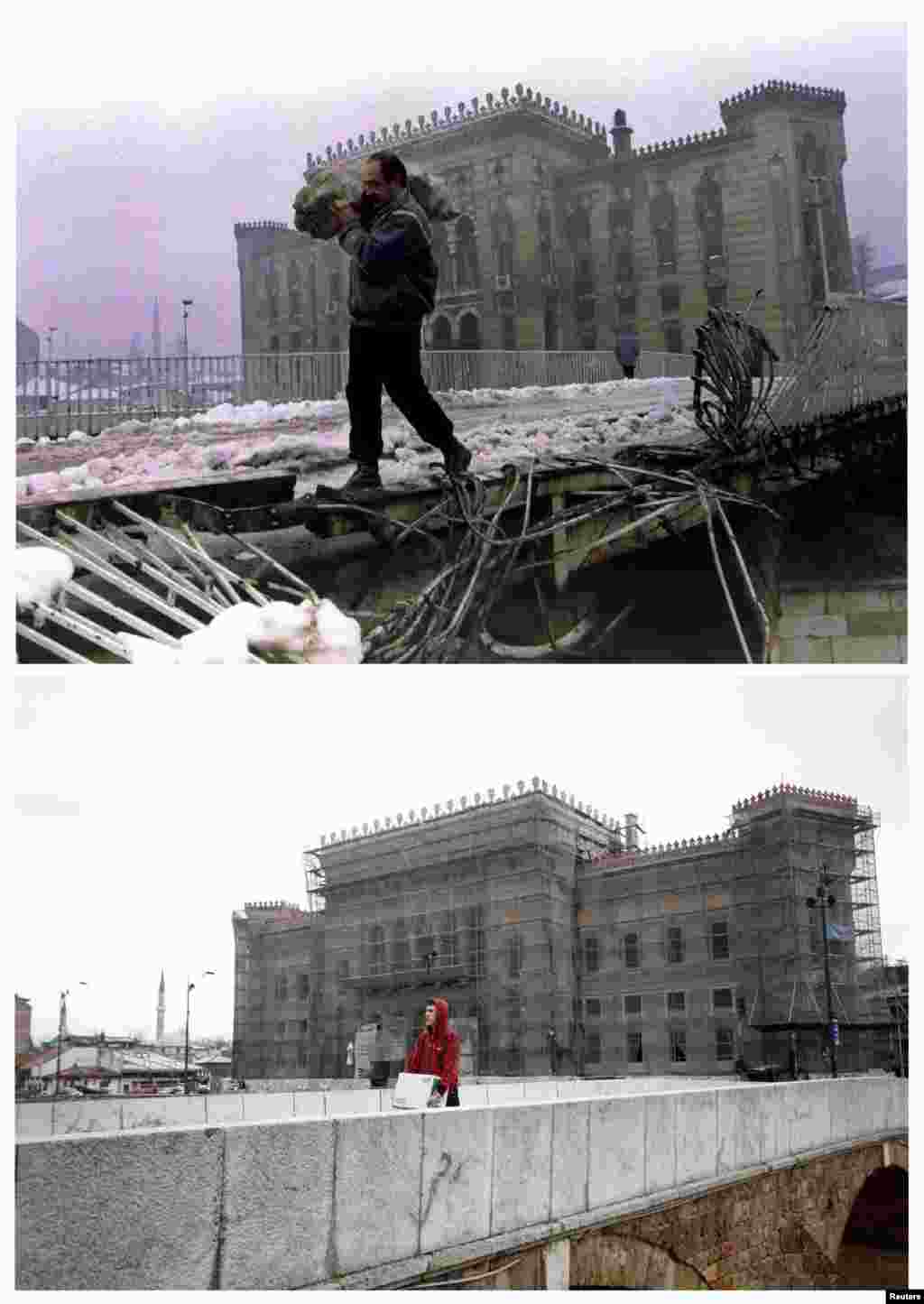 A man carries firewood across a destroyed bridge near Sarajevo's burned-out national library on January 1, 1994. A man carries a box over the same bridge, now repaired, on April 1, 2012.