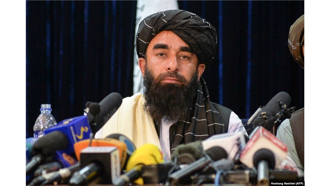 Taliban spokesman Zabihullah Mujahid at the militant group's press conference in Kabul on August 17