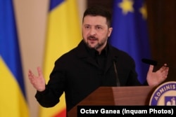Președintele Ucrainei, Volodimir Zelenski, declarații de presă la Palatul Cotroceni pe 12 martie 2026.