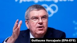 Томас Бах баспасөз мәслихатында. Пхенчхан. 7 ақпан 2018 жыл.