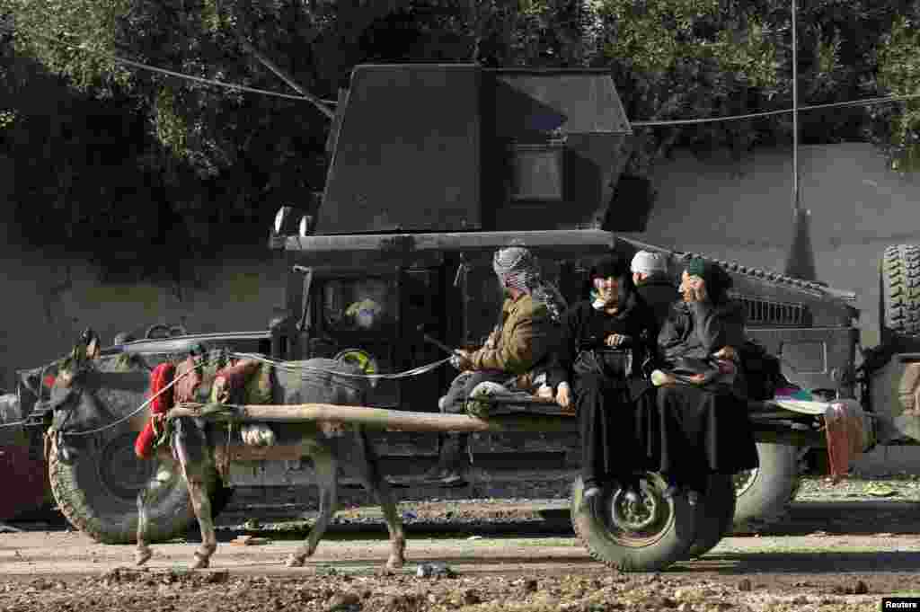 Displaced people ride in a donkey-drawn cart in the Al-Zuhoor neighborhood of Mosul, Iraq, during a fight with Islamic State extremists. (Reuters/Alaa Al-Marjani)