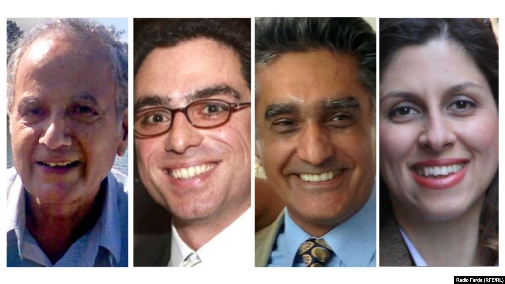 Combo image of four Iranian dual nationals who were detained in Iran, (R to L) British-Iranian Nazanin Zaghari-Ratcliffe, Iranian-American Karen Vafadari, Iranian- American Siamak Namazi, and British-Iranian Kamal Foroughi, who was later released.