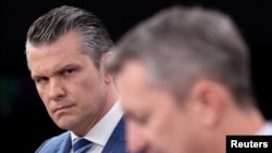 US Secretary of Defense Pete Hegseth holds a press briefing at the Pentagon on April 8.ss