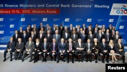 Finance ministers and central-bank governors pose for a family photo during a meeting of G20 finance ministers and central-bank governors at the Manezh Exhibition Center in Moscow on February 16.