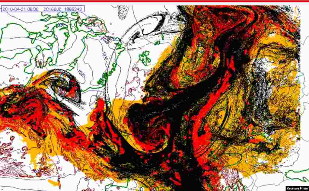 Projected spread of Icelandic ash cloud (21.4. 0600 UTC) - These images show a projection of the movement of the ash clouds from the Iceland volcanic eruption moving over Europe. The colors on the map represent: yellow: ash that has fallen by itself red: ash that has fallen by precipitation black: the actual ash cloud Source: Norwegian Meteorological Institute