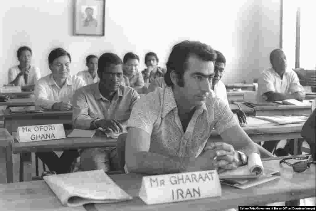 Men from the Middle East and Africa listen to a lecture on farming at an educational facility in Beit Berl, just north of Tel-Aviv, in 1971.