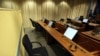 A view of the empty seat where Radovan Karadzic was supposed to sit while attending the start of his trial at the War Crimes Tribunal in The Hague.