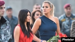 Armenia - Kim and Khloe Kardashian pay a visit to the Armenian Genocide memorial complex, Yerevan, 10Apr2015.