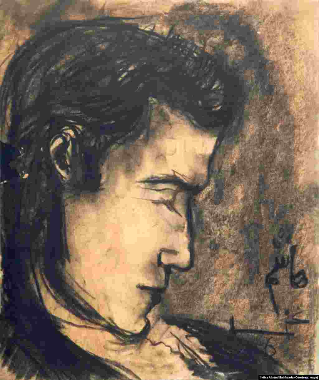Portrait of Hasham Baber, a poet and friend of Ghani Khan&rsquo;s. Charcoal on paper.