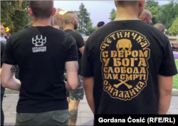 Members of Levijatan and the far-right Chetnik Youth protesting in Belgrade in July 2021.