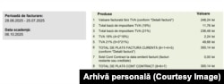 Factură emisă în august, în care TVA-ul de 21% este aplicat și pentru consumul din iulie, nu însă și pentru iunie.
