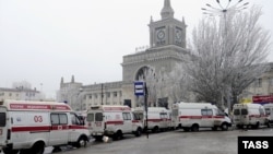 Ambulances lined up outside Volgograd's main train station on December 29 after a suspected suicide bombing killed at least 18 people and injured many more.