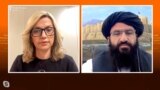 KOSOVO: Video grab of RFE/RL journalist, Valona Tela interviewing deputy chairman of the Taliban cultural commission, Ahmadullah Wasiq. 