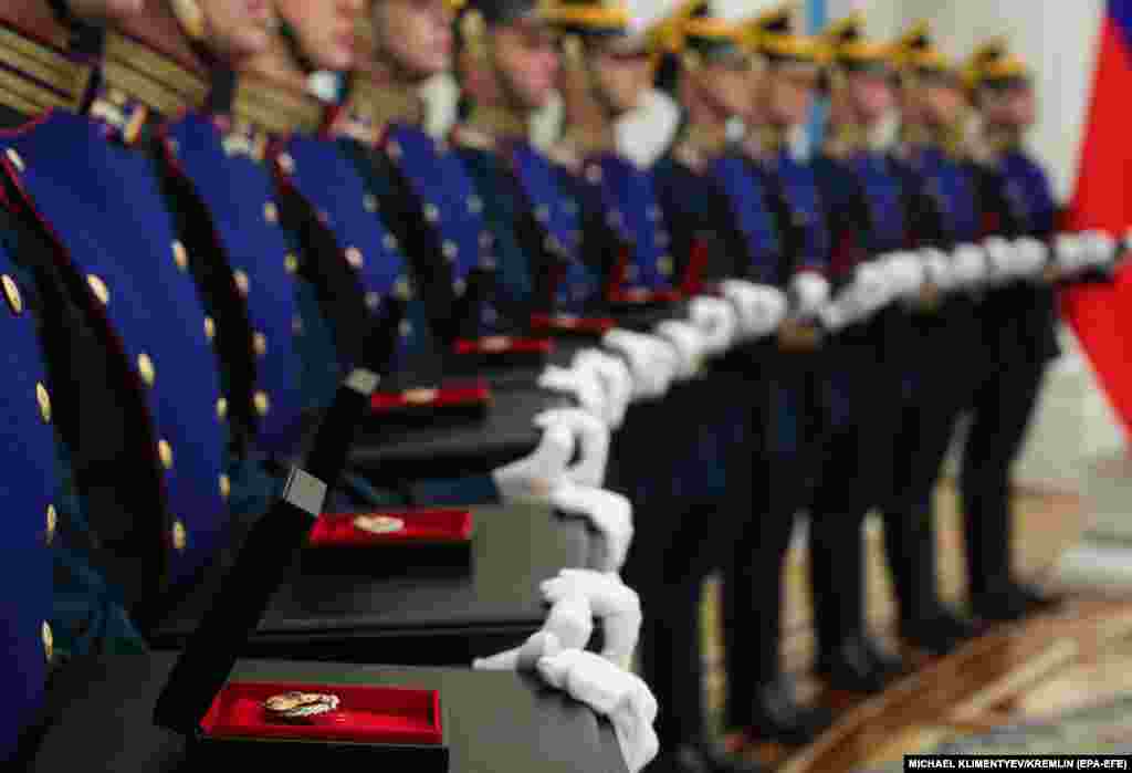 Russian honor guards take part in a ceremony at the Kremlin to present awards for outstanding achievements. (epa-EFE/Michael Klimentyev)
