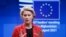 BELGIUM -- European Commission President Ursula von der Leyen speaks during a press conference at the end of a virtual G7 summit to discuss the crisis in Afghanistan at The European Council Building in Brussels, August 24, 2021