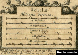 Масштабна сітка, на якій першою нагорі показана Українська військова миля (або козацька миля, як її ще називали). Генеральна карта України французького військового інженера та картографа Гійома Левассера де Боплана 1648 року