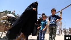 Displaced Iraqis who were forced to flee their hometowns ahead of gains made by Islamic State (IS) militants in Ramadi on May 16