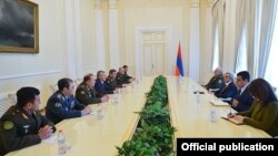 Armenia - President Serzh Sarkisian meets with CSTO Secretary General Nikolay Bordyuzha and the top army generals of the CSTO member states in Yerevan, 15Apr2016.