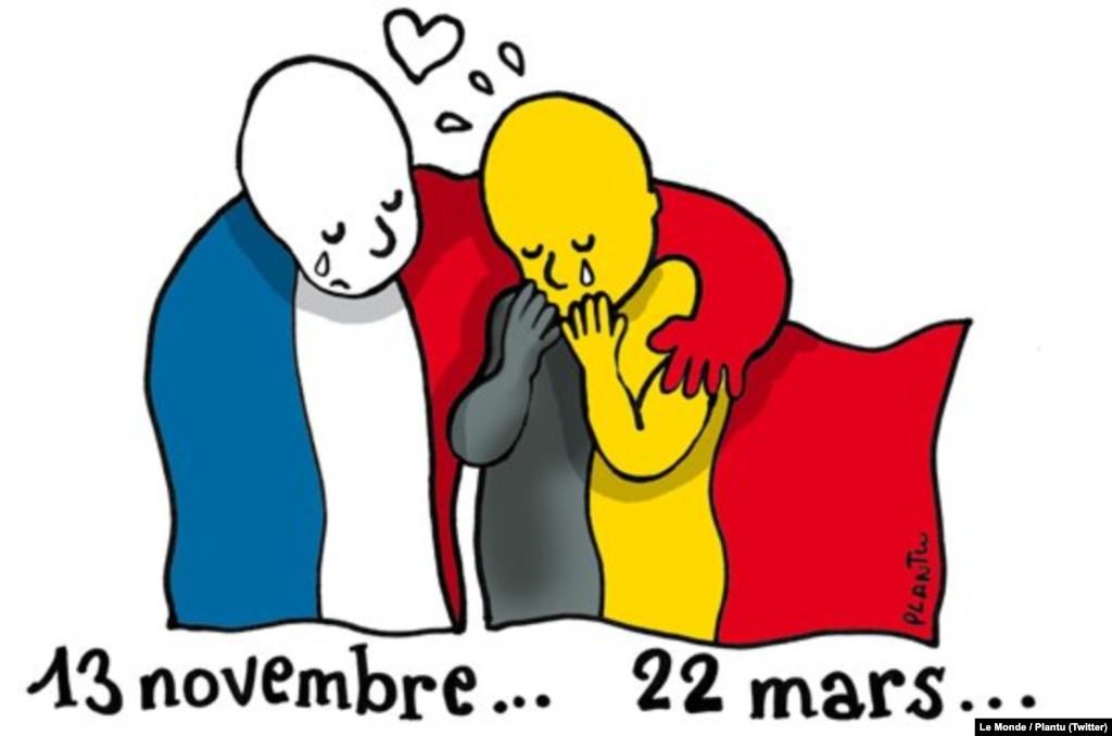 One of the most widely shared memes came from Le Monde cartoonist Plantu, who conflated today&#39;s events in Brussels with the deadly terrorist attacks in Paris last November that killed 130 people. (Social-media generated content -- @lemondefr)