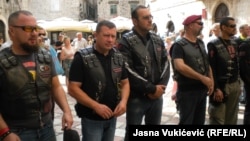 Cossacks and bikers in leather jackets gather in front of St. Nicholas Church in Kotor, Montenegro, where they listened to the liturgy of priest Momcilo Krivokapic.