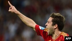 Spain's Jordi Alba celebrates after scoring a goal against Italy in the first half of the Euro 2012 final in Kyiv.