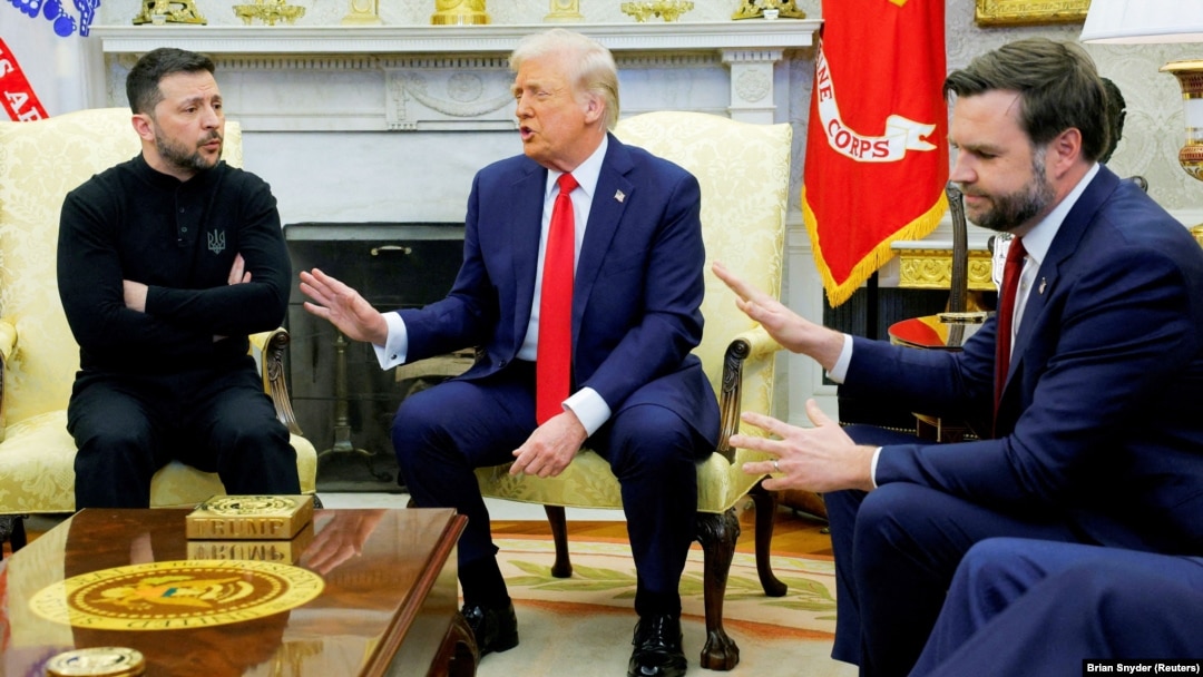 Ukrainian President Volodymyr Zelenskyy (left), U.S. President Donald Trump (center), and U.S. Vice President JD Vance gesture during an acrimonious meeting at the White on February 28