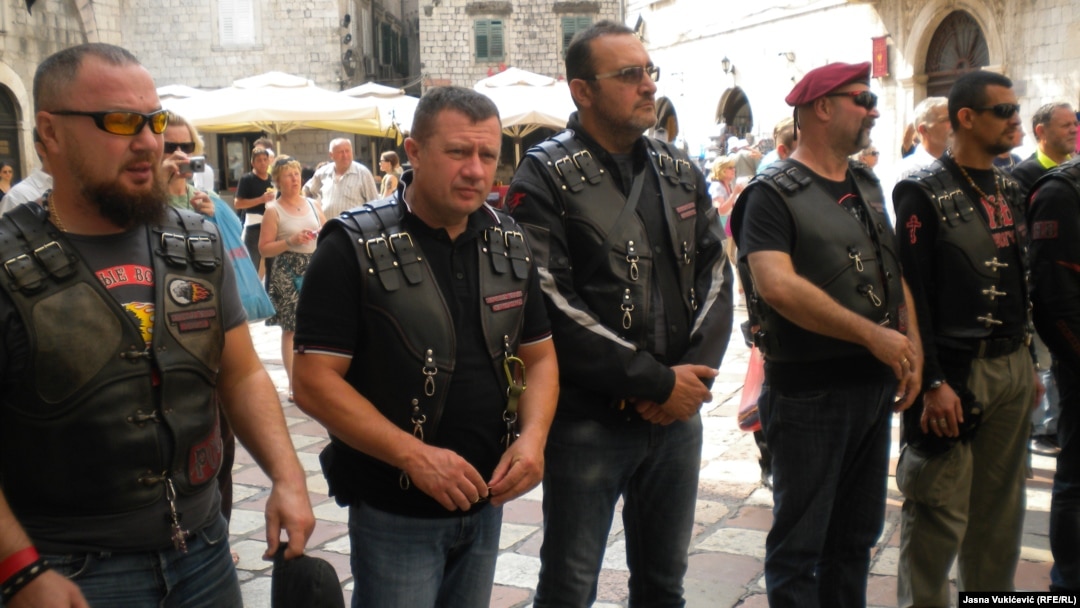 Cossacks and bikers in leather jackets gather in front of St. Nicholas Church in Kotor, Montenegro, where they listened to the liturgy of priest Momcilo Krivokapic.