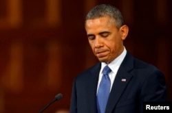 U.S. President Barack Obama speaks at an interfaith memorial service for the victims of the Boston bombings in Boston on April 18.