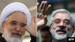 Sişenbe günündäki protestde adamlar oppozision ýolbaşçylar Mir Hossein Musawi (sagda) bilen Mehdi Karrubiniň tarapyny çalyp: “Diktatora ölüm” diýip gygyryşdylar.