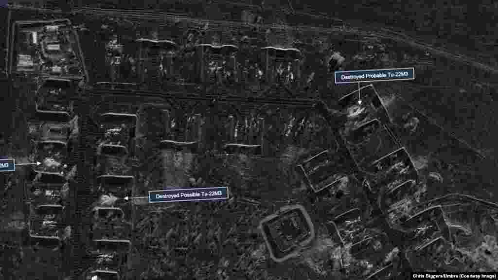 Another satellite image shows the Belaya air base before and after the Ukrainian drone attack.
