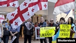 Українські та грузинські активісти під час акції протесту проти агресії Росії в Україні. Нью-Йорк, 13 квітня 2014 року