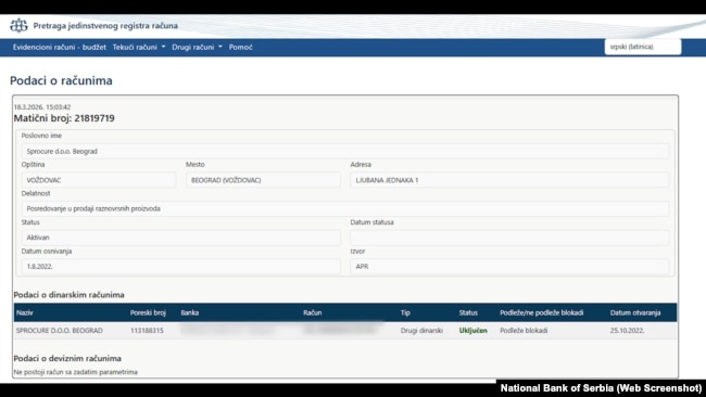 Një llogari aktive e kompanisë Sprocure me seli në Beograd në regjistrin e Bankës Kombëtare të Serbisë