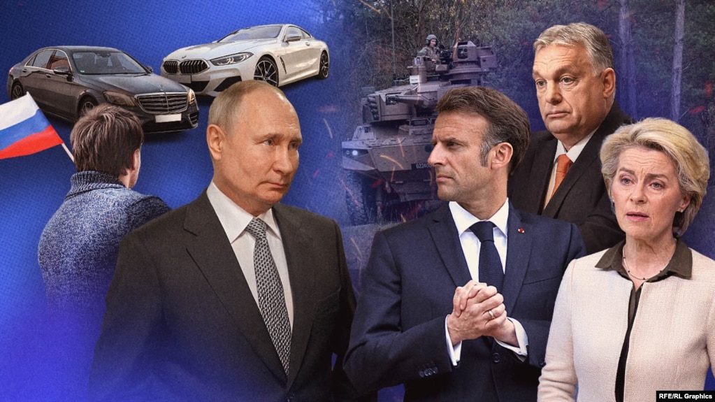 Слева Путин и подсанкционные автомобили, справа -- Орбан, Макрон и Урсула фон дер Ляйен на фоне европейского танка