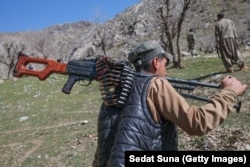 A Kurdish militant in a mountain base in northeastern Iraq on March 12.