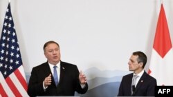 US Secretary of State Mike Pompeo (L) and Swiss counterpart Ignazio Cassis attend a press conference at the Castelgrande closing a bilateral meeting on June 2, 2019 in Bellinzona, southern Switzerland.