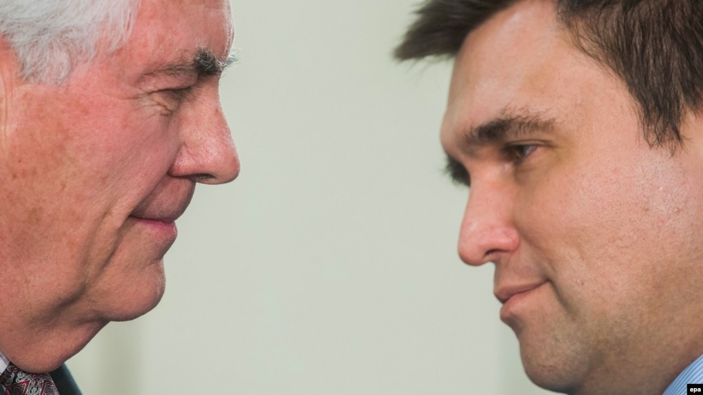 U.S. Secretary of State Rex Tillerson (left) told Ukrainian Foreign Minister Pavlo Klimkin that U.S. and NATO support for Ukraine remains "steadfast."