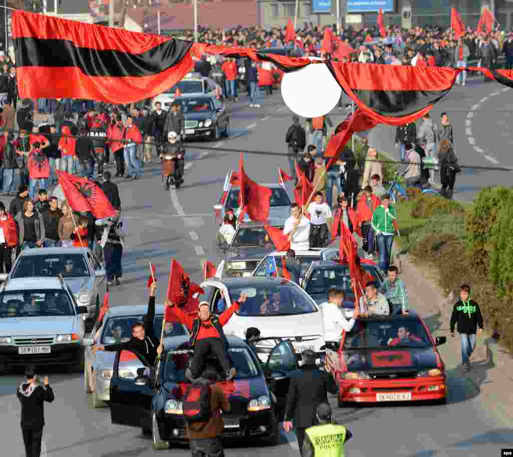 Members of the Albanian minority in Macedonia celebrate Albanian Independence Day in Skopje.