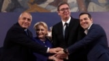 SERBIA -- Serbian President Aleksandar Vucic, second right, poses with Romanian Prime Minister Viorica Dancila, second left, Bulgarian Prime Minister Boyko Borisov, left, and Greece's Prime Minister Alexis Tsipras after talks in Belgrade, Serbia, Saturday