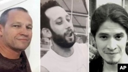 A Gázából kihozott három meggyilkolt izraeli túsz fotója (balról jobbra: Michel Nisenbaum, Hanan Jablonka, Oryon Hernandez Radoux)
