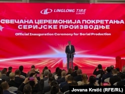 Serbian President Aleksandar Vucic speaks at the opening ceremony of the Linglong tire factory in September 2024.