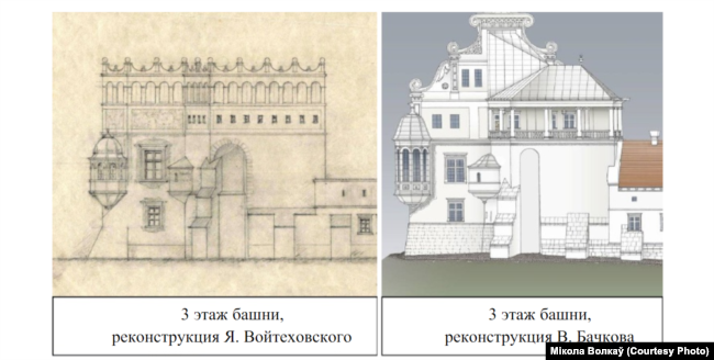Выгляд паўночнай вежы паводле рэканструкцыыі польскага дасьледчыка Яраслава Вайцяхоўскага і паводле Ўладзімера Бачкова